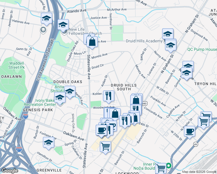 map of restaurants, bars, coffee shops, grocery stores, and more near 1030 Kohler Avenue in Charlotte