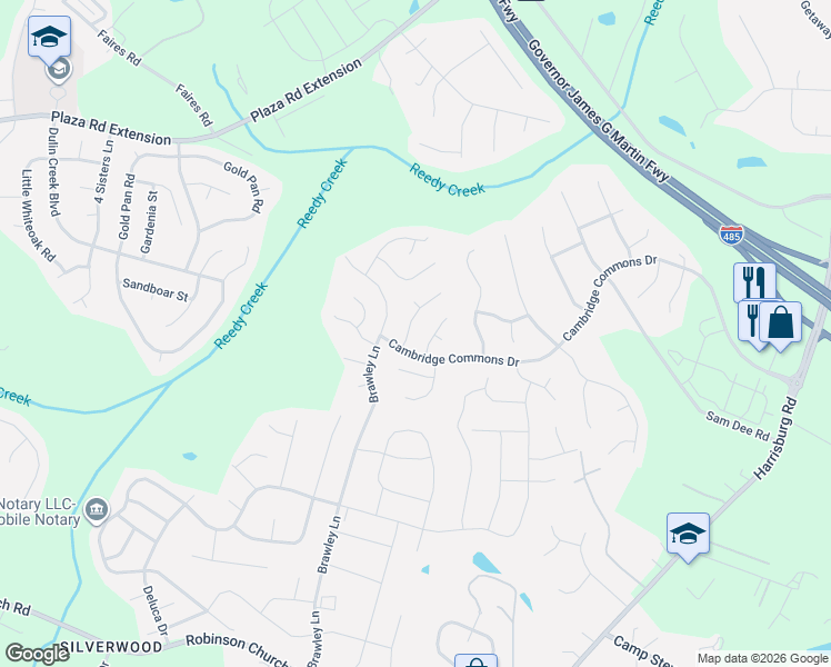 map of restaurants, bars, coffee shops, grocery stores, and more near 8508 Langley Mill Court in Charlotte