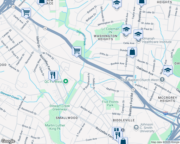 map of restaurants, bars, coffee shops, grocery stores, and more near 656 Seldon Drive in Charlotte