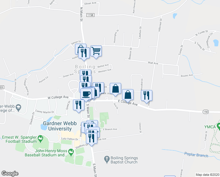 map of restaurants, bars, coffee shops, grocery stores, and more near 130 Woodland Avenue in Shelby