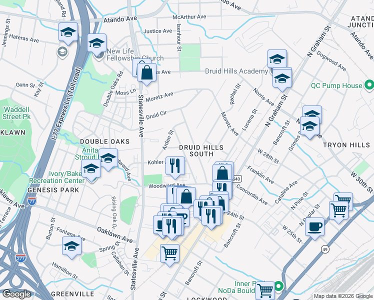 map of restaurants, bars, coffee shops, grocery stores, and more near 2200 Vanderbilt Road in Charlotte