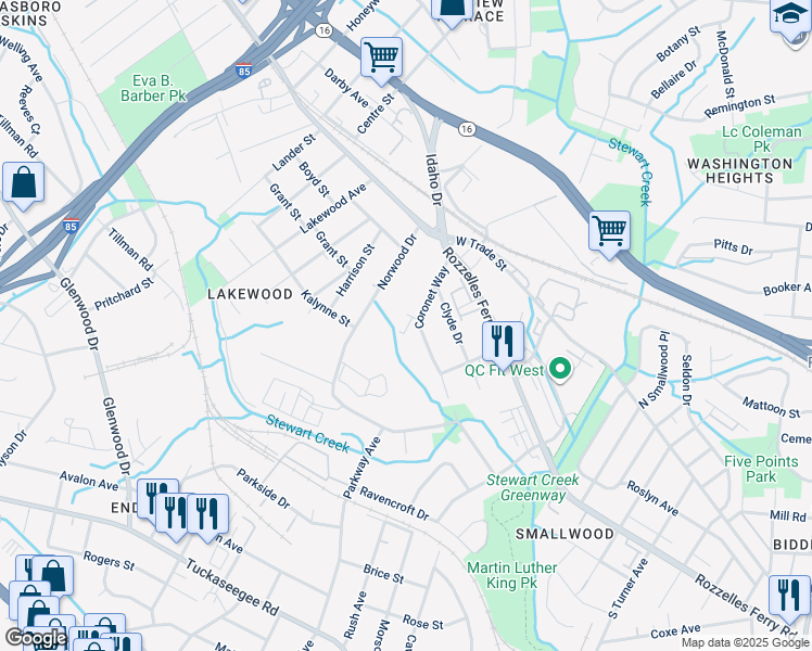 map of restaurants, bars, coffee shops, grocery stores, and more near 2933 Coronet Way in Charlotte