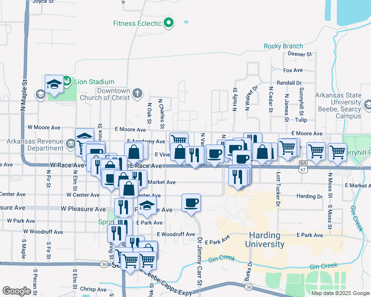 map of restaurants, bars, coffee shops, grocery stores, and more near in Searcy