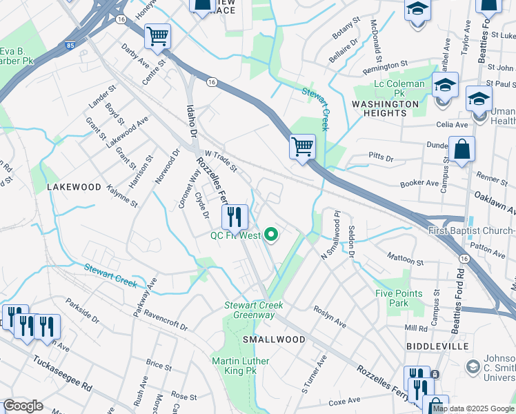 map of restaurants, bars, coffee shops, grocery stores, and more near 117-131 Judson Avenue in Charlotte