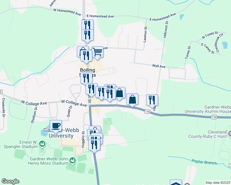 map of restaurants, bars, coffee shops, grocery stores, and more near 132 Woodland Avenue in Shelby