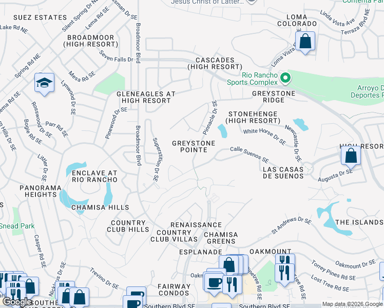 map of restaurants, bars, coffee shops, grocery stores, and more near 3204 Greystone Court Southeast in Rio Rancho