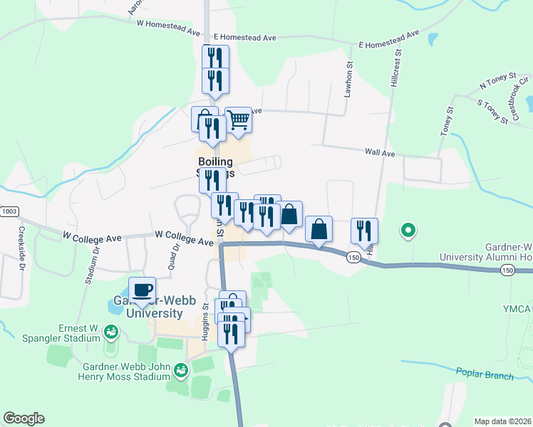 map of restaurants, bars, coffee shops, grocery stores, and more near 121 Hamrick Avenue in Boiling Springs