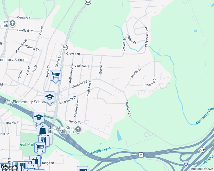 map of restaurants, bars, coffee shops, grocery stores, and more near 1004 Linwood Road in Kings Mountain