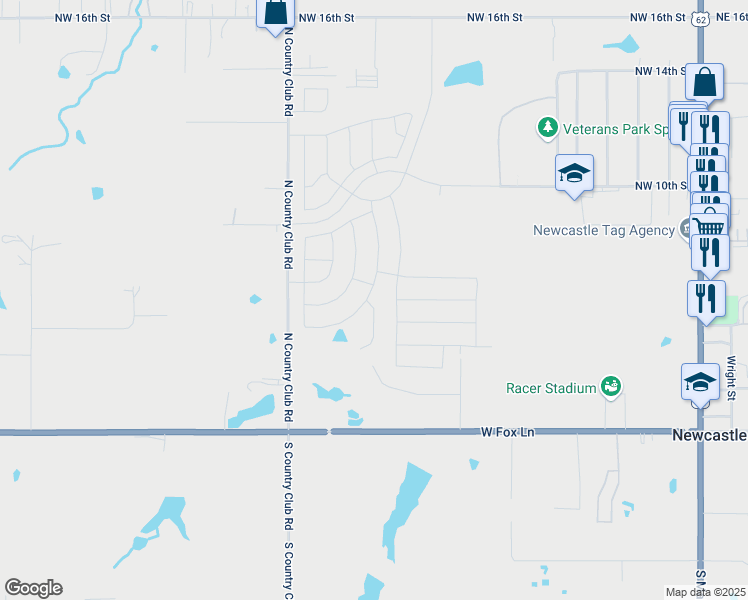 map of restaurants, bars, coffee shops, grocery stores, and more near 610 North Country Club Road in Newcastle