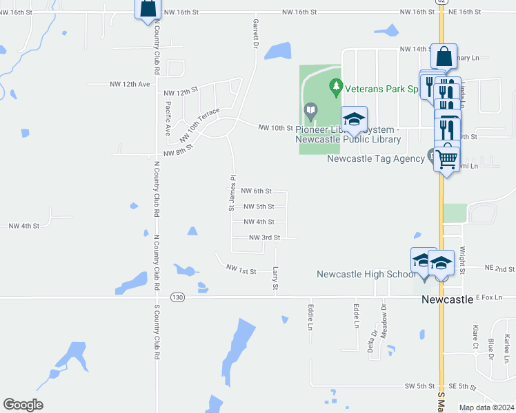 map of restaurants, bars, coffee shops, grocery stores, and more near 1016 Northwest 5th Street in Newcastle