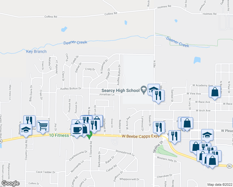 map of restaurants, bars, coffee shops, grocery stores, and more near 2102 Jonathan Lane in Searcy
