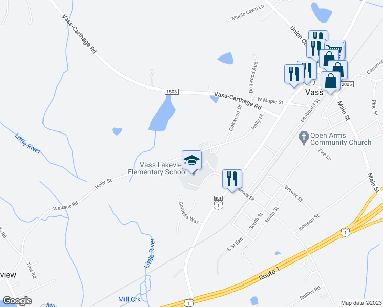 map of restaurants, bars, coffee shops, grocery stores, and more near 326 Holly Street in Vass