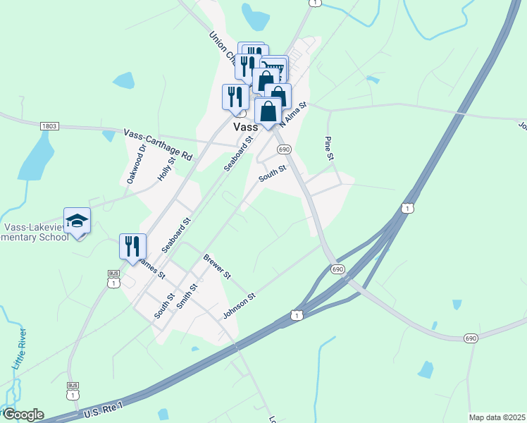 map of restaurants, bars, coffee shops, grocery stores, and more near 355 Main Street in Vass