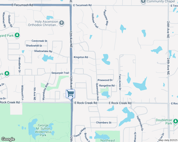 map of restaurants, bars, coffee shops, grocery stores, and more near 1410 Princeton Circle in Norman