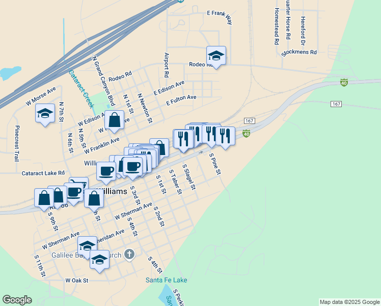 map of restaurants, bars, coffee shops, grocery stores, and more near 301 East Bill Williams Avenue in Williams