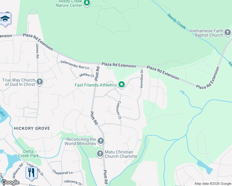 map of restaurants, bars, coffee shops, grocery stores, and more near 8535 Ochre Drive in Charlotte