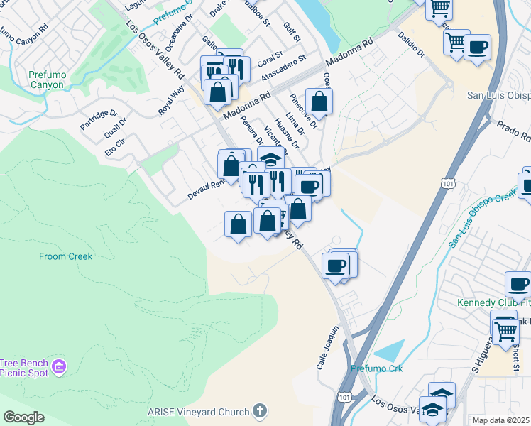map of restaurants, bars, coffee shops, grocery stores, and more near 1507 Froom Ranch Way in San Luis Obispo