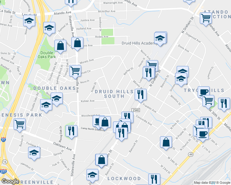 map of restaurants, bars, coffee shops, grocery stores, and more near 2300 Rachel Street in Charlotte