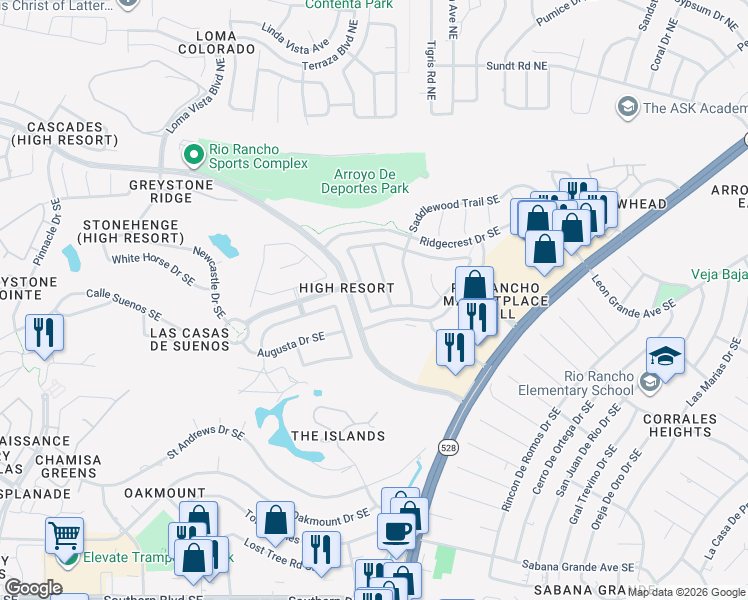 map of restaurants, bars, coffee shops, grocery stores, and more near 4237 Foxwood Trail Southeast in Rio Rancho