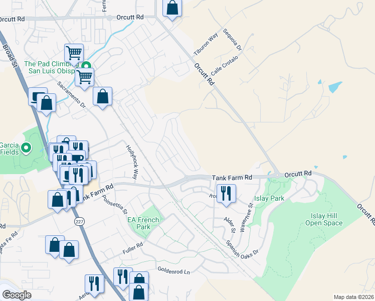 map of restaurants, bars, coffee shops, grocery stores, and more near 4207 Hillside Drive in San Luis Obispo