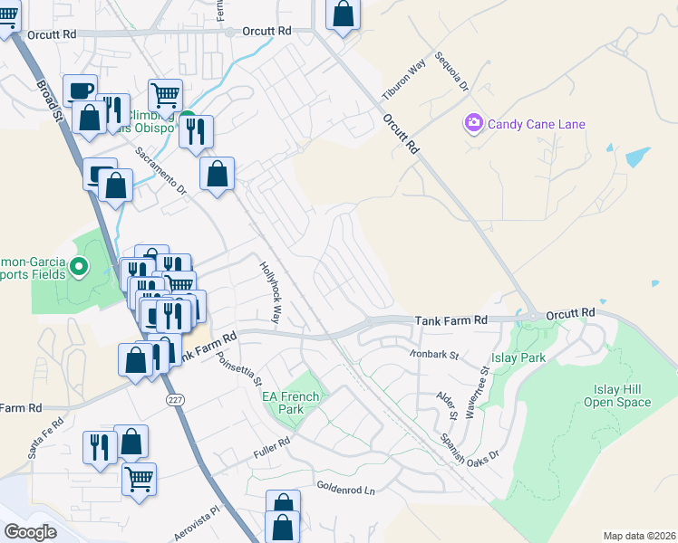 map of restaurants, bars, coffee shops, grocery stores, and more near 4110 Righetti Ranch Road in San Luis Obispo