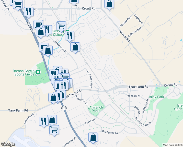map of restaurants, bars, coffee shops, grocery stores, and more near 3966 Hollyhock Way in San Luis Obispo
