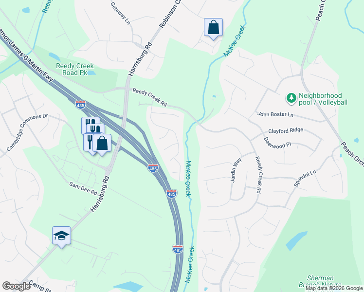 map of restaurants, bars, coffee shops, grocery stores, and more near 7514 Baylor Way Court in Charlotte