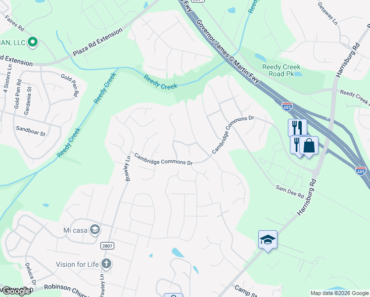 map of restaurants, bars, coffee shops, grocery stores, and more near 8505 Boxford Court in Charlotte