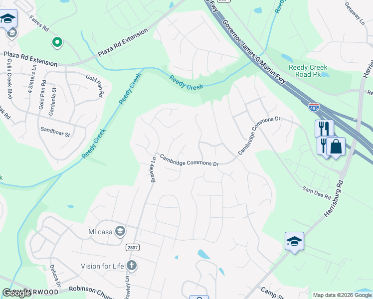 map of restaurants, bars, coffee shops, grocery stores, and more near 8508 Langley Mill Court in Charlotte