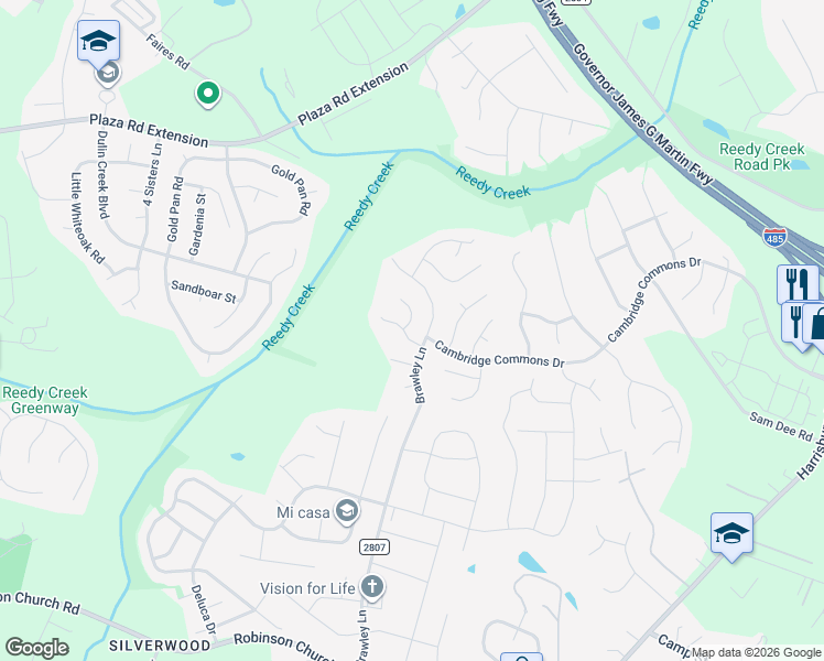 map of restaurants, bars, coffee shops, grocery stores, and more near 9120 Eaker Court in Charlotte
