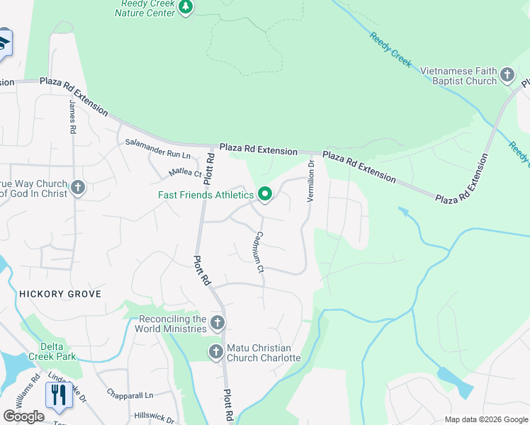 map of restaurants, bars, coffee shops, grocery stores, and more near 8535 Ochre Drive in Charlotte