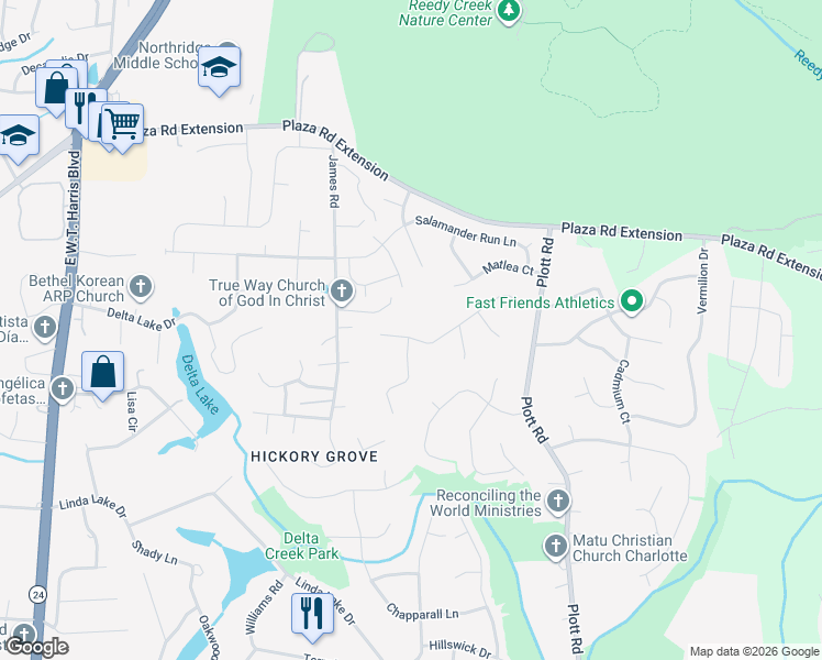 map of restaurants, bars, coffee shops, grocery stores, and more near 8200 Gera Emma Drive in Charlotte