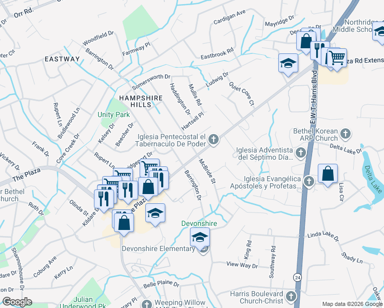 map of restaurants, bars, coffee shops, grocery stores, and more near 6530 The Plaza in Charlotte