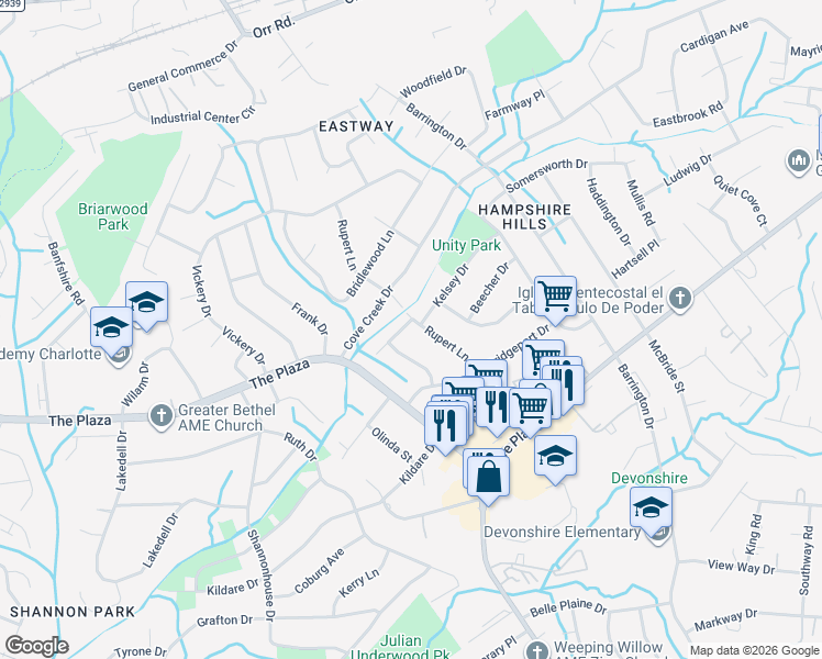 map of restaurants, bars, coffee shops, grocery stores, and more near 5715 Allenstown Drive in Charlotte