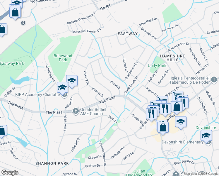 map of restaurants, bars, coffee shops, grocery stores, and more near 526 Briarwood Drive in Charlotte