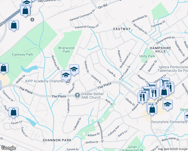 map of restaurants, bars, coffee shops, grocery stores, and more near 1100 Vickery Drive in Charlotte