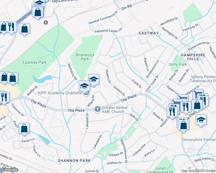 map of restaurants, bars, coffee shops, grocery stores, and more near 5420 Dunstan Court in Charlotte