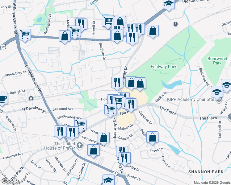 map of restaurants, bars, coffee shops, grocery stores, and more near in Charlotte