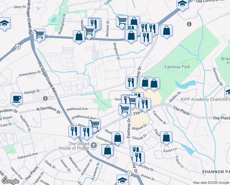 map of restaurants, bars, coffee shops, grocery stores, and more near 4038 Howie Circle in Charlotte