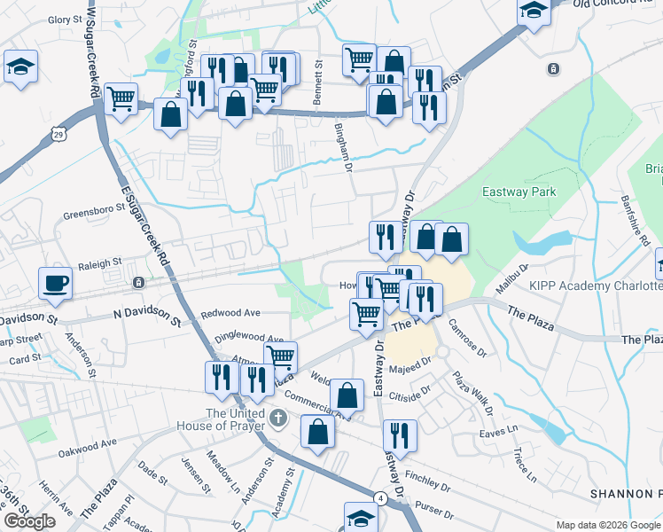 map of restaurants, bars, coffee shops, grocery stores, and more near in Charlotte