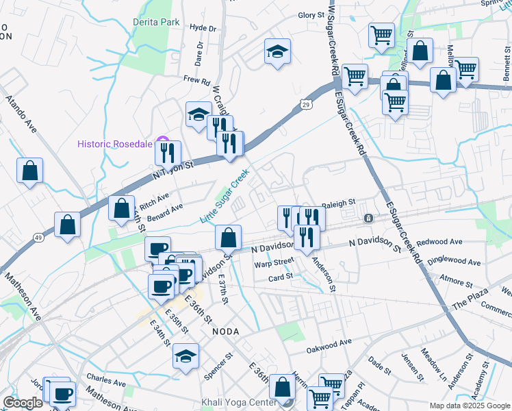 map of restaurants, bars, coffee shops, grocery stores, and more near 3708 Philemon Avenue in Charlotte