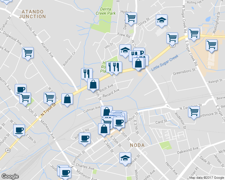 map of restaurants, bars, coffee shops, grocery stores, and more near 3406 Benard Avenue in Charlotte