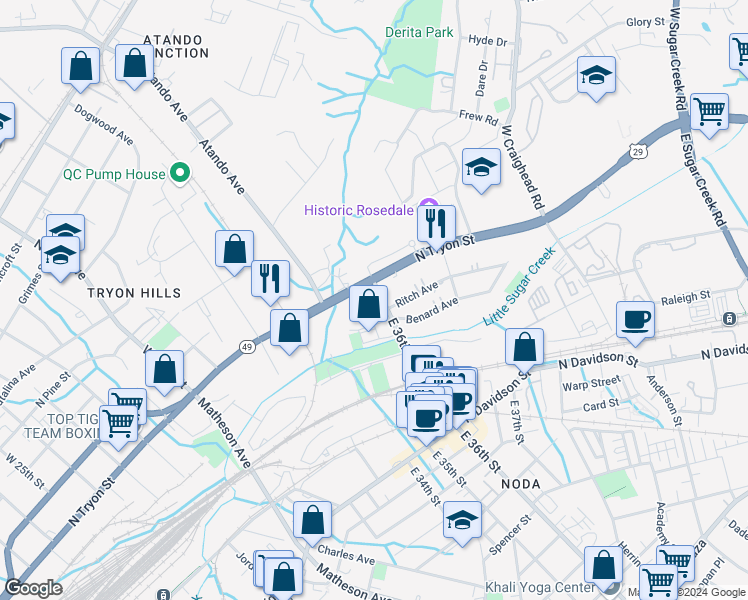 map of restaurants, bars, coffee shops, grocery stores, and more near in Charlotte