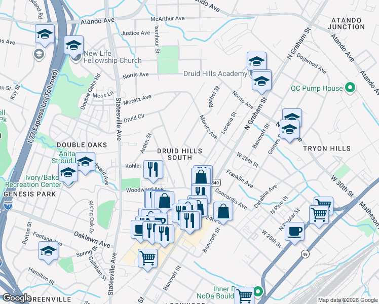 map of restaurants, bars, coffee shops, grocery stores, and more near in Charlotte