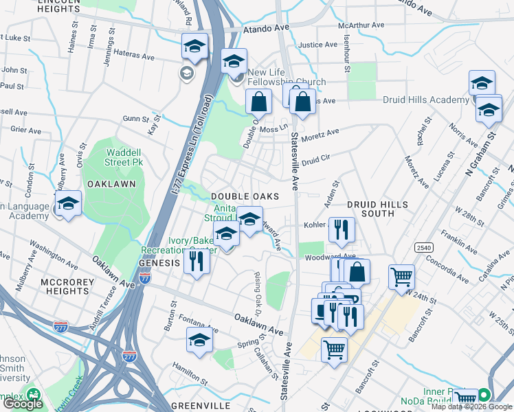 map of restaurants, bars, coffee shops, grocery stores, and more near 1312 Woodward Avenue in Charlotte