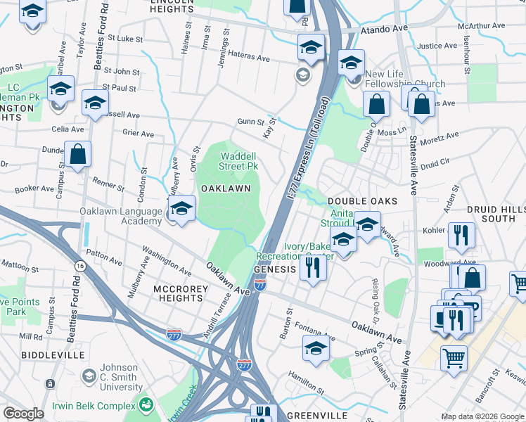 map of restaurants, bars, coffee shops, grocery stores, and more near 1222 Dean Street in Charlotte