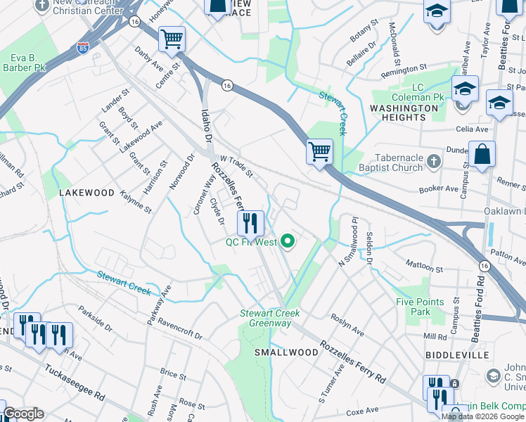 map of restaurants, bars, coffee shops, grocery stores, and more near 117-131 Judson Avenue in Charlotte