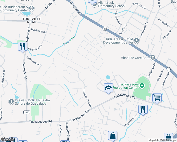 map of restaurants, bars, coffee shops, grocery stores, and more near 5300 Reedham Court in Charlotte