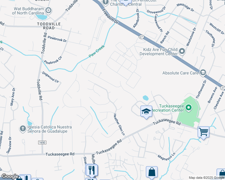 map of restaurants, bars, coffee shops, grocery stores, and more near 5313 Radley Court in Charlotte