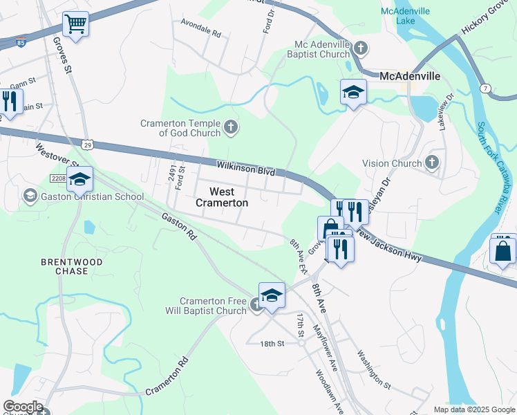 map of restaurants, bars, coffee shops, grocery stores, and more near 508 8th Avenue Extension in Cramerton